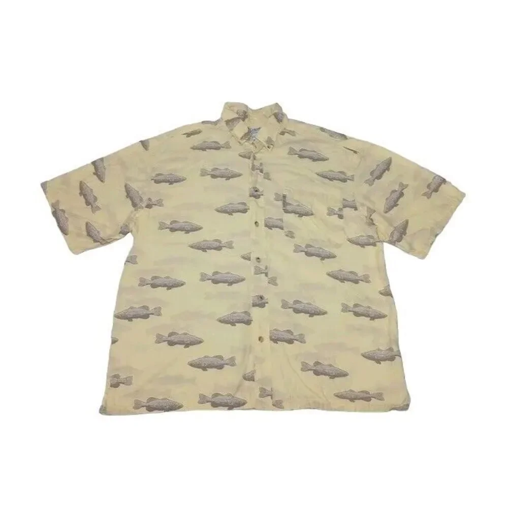 Columbia Men's Large Shirt Yellow Button Up All Over‎ Fish Cotton Viscose